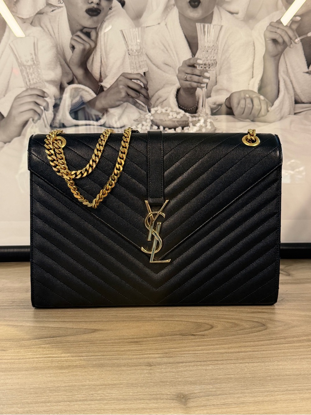 Saint Laurent Black Chevron Envelope Quilted Leather Shoulder Bag